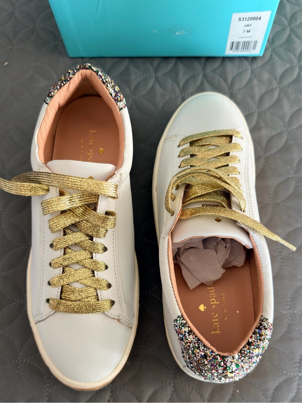 kate spade White Leather Sneakers with Gold Laces and Multicolor Glitter Heel
